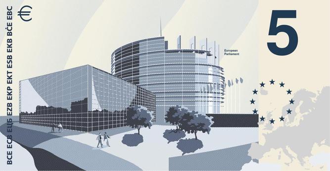 5€ banknote according to design B by PunktFormStrich.

The "Rivers and birds" banknote series communicates its concept through a direct connection between visual elements and their meaning. Each banknote presents a specific bird species in relation to its habitat, linking biodiversity with European landscapes. Horizontal bar structures translate the individual sound of each bird into a visual form, while a vertical scale indicates its flight speed, enabling an intuitive reading of the informati…