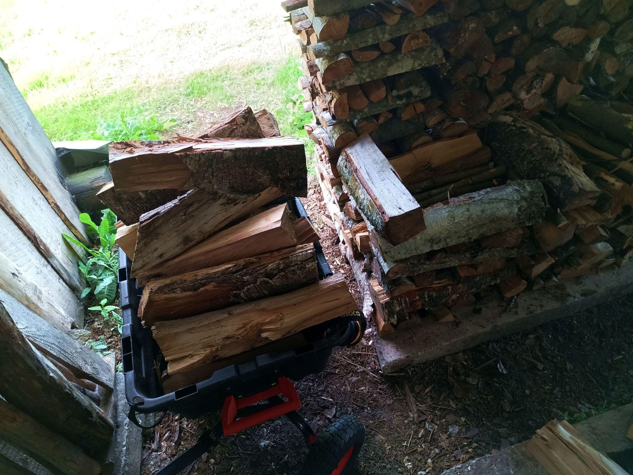 A cart full of split firewood is being stacked under a roof.