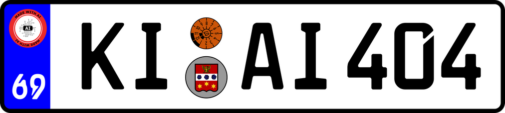 KFZ-Kennzeichen mit der Aufschrift „KI-AI 404“. An Stelle der Länderkennung stehen zwei AU-Slop-Buchstaben, die an „69“ erinnern. Darüber statt dem EU-Logo ein „Made with AI“ Logo. Als Länderwappen dient ein (nicht farbechtes) Wappen der Familie Slop.