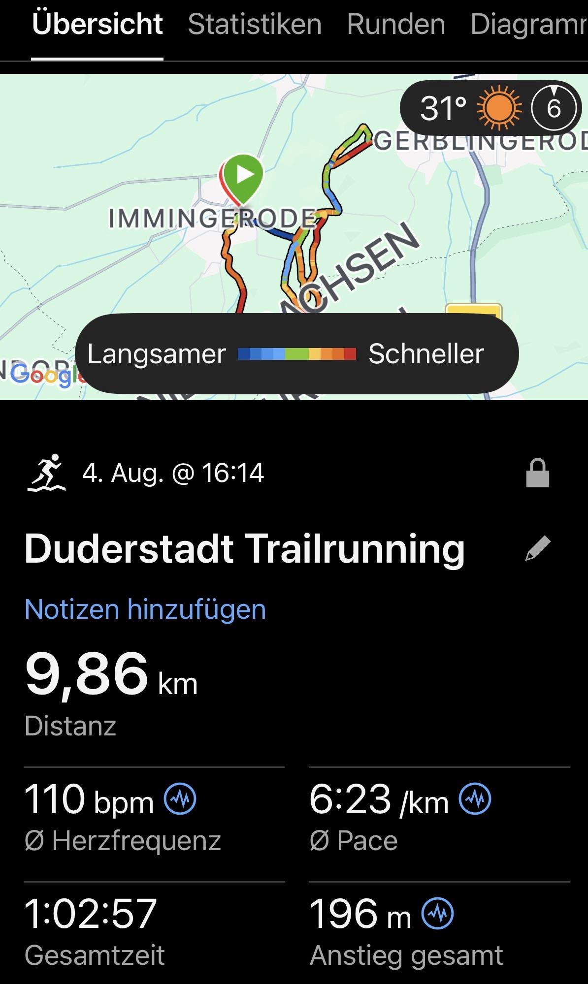 The image displays a tracking screen for a trail running activity, showing a map with a highlighted route around the area of Immingerode. Key statistics include a distance of 9.86 km, an average heart rate of 110 bpm, 31° C