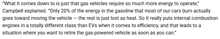 “What it comes down to is just that gas vehicles require so much more energy to operate,”
Campbell explained. “Only 20% of the energy in the gasoline that most of our cars burn actually
goes toward moving the vehicle — the rest is just lost as heat. So it really puts internal combustion
engines in a totally different class than EVs when it comes to efficiency, and that leads to a
situation where you want to retire the gas-powered vehicle as soon as you can.”
