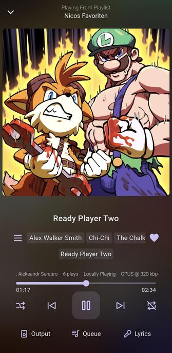 The song 'Ready Player Two' by 'Alex Walker Smith', 'Chi-Chi' and 'The Chalkeaters' playing in Finamp.