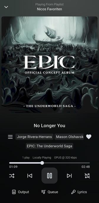 The song 'No Longer You' from 'Epic: The Musical' playing in Finamp.