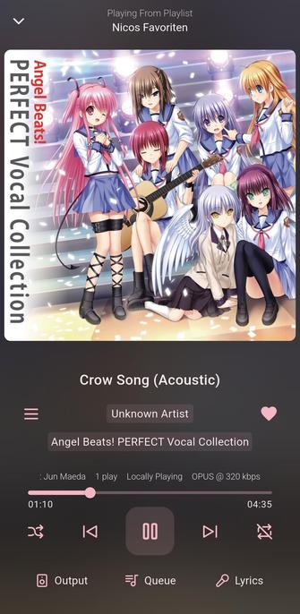 The song 'Crow Song (Acoustic)' by 'marina' from the soundtrack of the anime 'Angel Beats!' playing in Finamp.