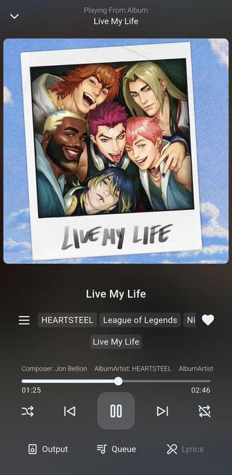 The song 'Live My Life' by the virtual band 'Heartsteel' from the League of Legends band universe playing in Finamp.