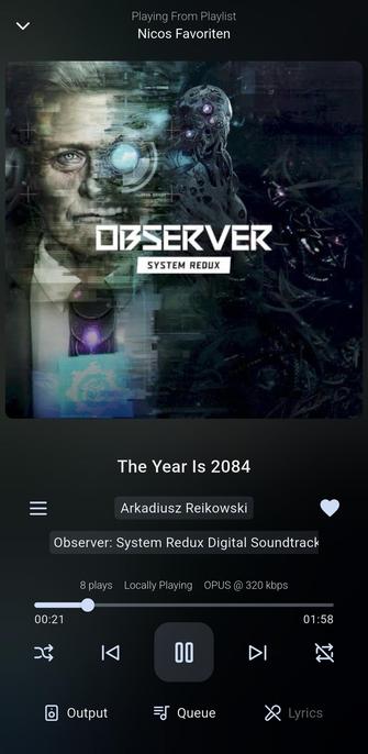 The song 'The Year Is 2084' by 'Arkadiusz Reikowski' from the album 'Observer: System Redux Digital Soundtrack' playing in Finamp.