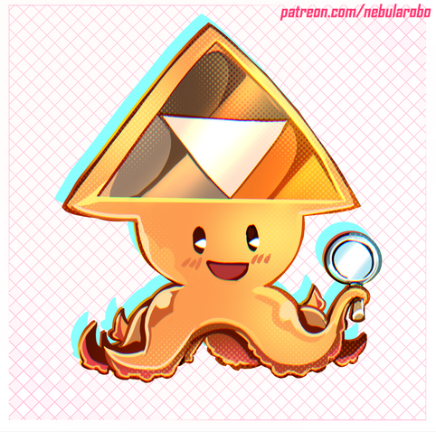 It is the the Peertube mascot "Sepia" it is holding a magnifier.  It is drawn in chibi style and the bg is a diagonal cross hatching.