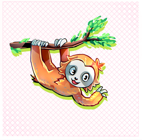 it is GotoSocial Sloth mascot. It is hanging from a twick and waving. It is also in the chibi style and the bg is a diagonal cross hatching