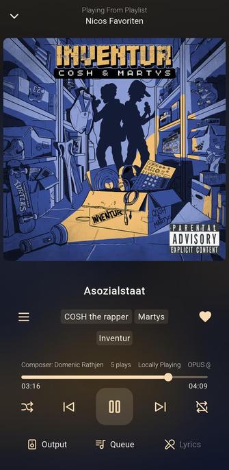 The song 'Asozialstaat' by 'COSH the rapper' and 'Martys' from the EP 'Inventur' playing in Finamp.
